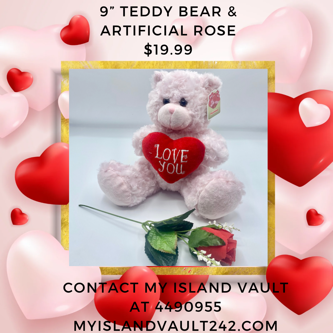 9” Teddy Bear & Artificial Rose